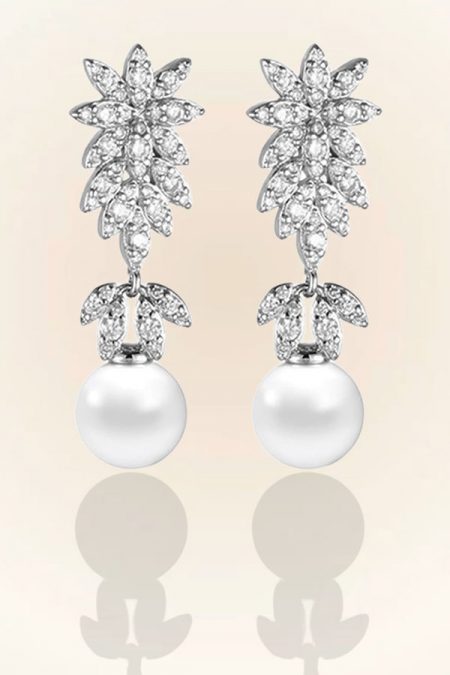 Wedding Pearl Brides Silver Pearl Cluster Drop Stud Earrings Rhinestone Earrings