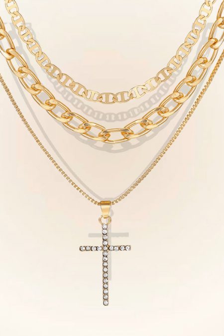 Layered Rhinestone  Gold Cross Necklaces