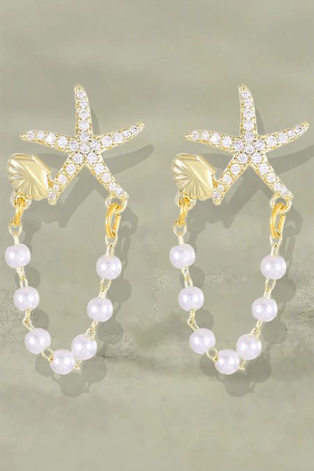 Boho Pearl  Gold Starfish Seashell Earrings